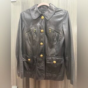 St. John Black Leather Jacket with Gold Accents in size 10